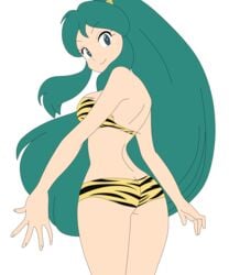 1girls 2014 ass bikini blue_eyes breasts busakumas female green_hair horns humanoid large_breasts legs light-skinned_female light_skin long_hair lum oni pointy_ears princess simple_background smile solo swimsuit thighs tiger_print urusei_yatsura white_background