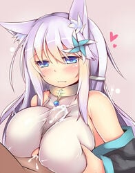 animal_ears bare_shoulders blue_eyes blush breast_press breasts cat_ears clothes_penetration clothesjob cum cum_through_clothes erect_nipples female kutan large_breasts long_hair male mizu_aoi original outercourse paizuri paizuri_under_clothes parted_lips puffy_nipples silver_hair smile straight tagme