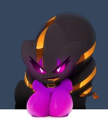 2014 anthro banette big_breasts breasts collar female glowing_eyes hi_res huge_breasts humanoid looking_at_viewer mega_banette mega_evolution mystical nintendo non-mammal_breasts penny_(plantpenetrator) pink_eyes plain_background plantpenetrator pokemon purple_skin solo zipper