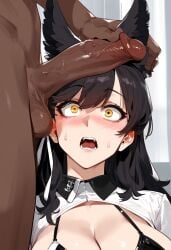 1boy 1girls ai_generated atago_(azur_lane) atago_(stunning_speedster)_(azur_lane) azur_lane big_breasts black_hair breasts dark-skinned_male dog_ears female female_focus hips huge_breasts large_breasts light-skinned_female mature_female penis_awe surprised thick_thighs yellow_eyes