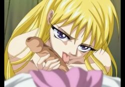 1boy 1girl blonde_female blonde_hair cecilia cecilia_(dorei_ichiba) female licking_penis penis purple_eyes uncensored uncensored_penis