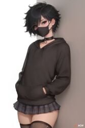 1boy acw ai_generated black_eyes black_hair choker cowboy_shot cute_male face_mask feminine_male girly hoodie looking_at_viewer male male_only miniskirt simple_background solo thighhighs trap twink young