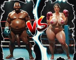 ai_generated amandovakin belly big_breasts big_penis boxing_gloves chubby dark-skinned_male fighting_ring interracial micro_bikini milf