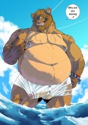 accident accidental_exposure anthro balls barazoku beard belly big_belly boxers_(clothing) bulge clothed clothing deadanthro deadanthro_(character) detailed_bulge ear_tuft english_text facial_hair facial_piercing front_view fur genitals gnoll hair hair_over_eyes hi_res hyena legs_in_water lip_piercing male mammal moobs musclegut muscular nipple_piercing nipple_ring nipples overweight overweight_anthro overweight_male partially_submerged penis piercing ring_piercing sky solo standing_in_water stocky swimming_trunks swimwear text topless translucent translucent_clothing translucent_swimwear translucent_underwear tuft tusks underwear water wet wet_body wet_fur