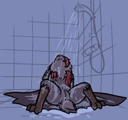 2026 aliasing anthro anus areola barbell_piercing bat bathing bathroom bizart breasts butt claws clitoris cooling_off detailed_background digital_media_(artwork) ear_piercing feet female floor flying_fox fur genitals hair heat_(temperature) looking_up low-angle_view lying mammal megabat membrane_(anatomy) membranous_wings navel nipple_piercing nipples nude on_back open_mouth overheated overheating piercing purple_body purple_fur reclining red_hair scut_tail semi-anthro short_tail shower shower_head shower_hose showering slim small_breasts solo spread_legs spreading tail talons tile tile_floor tile_wall toes tuft velika_(bizart) vulva wall_(structure) warm water wet wet_body wet_fur wet_hair winged_arms wings