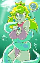 1girls cleavage crown darkenrok drowning earrings female highleg mario_(series) nintendo one-piece oxygen_meter princess_peach solo super_mario_bros. swimsuit tentacle trapped underwater