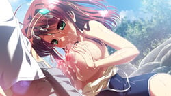 areolae blush breast_hold breast_press breasts breasts_out cum facial female game_cg green_eyes hair_ornament large_breasts long_hair male minakawa_sui minori natsuzora_no_perseus nipples paizuri penis red_hair rock shouna_mitsuishi straight swimsuit takasaki_mako uncensored wet yuzuna_hiyo