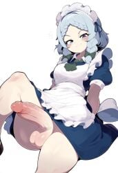 1futa ai_generated altra_x big_penis blue_eyes blue_hair braided_bangs dress futanari gray_hair looking_at_viewer maid_apron maid_headdress maid_uniform sakuya_izayoi short_hair sitting small_breasts smile smirk testicles touhou