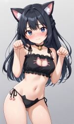 1girls ai_generated animal_ears bangs blue_eyes blue_hair blush cat_bell cat_ears cat_lingerie choker cleavage cleavage_cutout dawn_(pokemon) embarrassed kemonomimi kslgsnb lingerie long_hair medium_breasts midriff navel paw_pose pokemon pokemon_dppt sidelocks simple_background solo solo_female thighs underwear