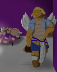 after_sex alythewolfcat anthro armor bed big_breasts blonde_hair blush breasts clothing cum_dripping_from_penis duo female furniture genitals hair headgear helmet hi_res jockstrap koopa koopa_paratroopa koopa_troopa long_penis male male/female mario_bros muscular muscular_male nintendo on_bed paper_mario parakarry penis scalie short_stack toad_(mario) underwear wide_hips wings zess_t.