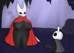 big_breasts big_penis black_body black_eyes blush breasts breasts_out cape female hollow_knight hornet_(hollow_knight) huge_breasts male nipples precum red_cape small_but_hung