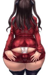 ass ass_cutout black_hair cameltoe fate/stay_night fate_(series) female from_behind hands_on_ass leaning_forward majime_kei_kuzumochi open-chest_sweater panties pussy_juice simple_background solo thighhighs tohsaka_rin underwear white_background white_panties