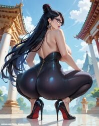 1girls ai_generated ass ass_focus bayonetta bayonetta_(character) diffusionwaifu glasses high_heels long_hair looking_at_viewer looking_back looking_down no_bra outdoors solo squatting watermark