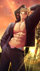 1boy abs arms_up bandaid bandaid_on_waist bara beefy biceps big_areola big_breasts blue_eyes blush brown_hair collarbone gakuran halloween_decoration hi_res holding_object hunk looking_at_viewer male male_breasts male_only manly mature_male meisho_hanten muscles muscular muscular_arms muscular_male navel open_clothes oppai original original_character outdoors pecs school_briefcase school_uniform short_hair six_pack standing sunset thick_arms thick_neck tough_guy underwear v-shaped_eyebrows very_high_resolution wide_shoulders