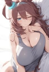 ai_generated animal_ears big_breasts blue_eyes breasts female hairband horse_girl long_hair mihono_bourbon_(umamusume) reddish_hair umamusume