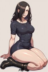 1female 1girls aged_up ai_generated black_boots black_dress black_hair boots breasts curvaceous curvy curvy_female curvy_figure eveline eyes hair_over_one_eye resident_evil_7 short_dress tagme thick_thighs wide_hips