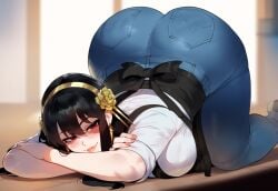 1girls ai_generated apron arm_rest ass ass_focus bangs bare_shoulders bent_over black_apron black_clothes black_hair blue_pants blush breasts cleavage closed_mouth clothing crossed_arms curvaceous curvaceous_female curvaceous_figure curvy curvy_figure denim earrings female female female_focus female_only flower footwear from_behind gold_earrings gold_hairband hair_flower hair_ornament hairband headwear housewife huge_ass huge_breasts indoors inviting inviting_to_sex jeans jewelry large_ass large_breasts legwear lips long_hair looking_at_viewer looking_back lying mature_female milf nail_polish on_floor on_stomach pants presenting presenting_ass presenting_hindquarters red_eyes red_nails rose seductive seductive_look seductive_smile shirt shoes sidelocks skirt sleeves_rolled_up smile solo spy_x_family stable_diffusion thick_thighs thighs top-down_bottom-up voluptuous voluptuous_female white_shirt yor_briar yor_forger