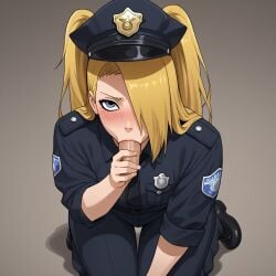 1boy ai_generated blonde_hair blowjob blowjob_face blue_eyes blush deidara femboy femboy_focus male male_only naruto naruto_(series) naruto_shippuden on_knees oral police_uniform yaoi