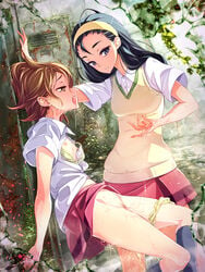 2girls against_wall bare_legs barefoot black-framed_glasses black_hair blue_eyes bottomless bra breasts brown_hair clothed female female_only flat_chest hair_ornament hairband hairclip heavy_breathing human jpeg_artifacts kneehighs kneeling large_breasts long_hair looking_at_viewer lube motoki_(hisano_motoki) multiple_females multiple_girls navel nintendo nipples npc_trainer open_bra open_mouth original panties panties_around_leg peeing pokemon pokemon_oras pokemon_trainer pubic_hair purple_eyes purple_hair pussy pussy_juice red_skirt ruins school_uniform shirt_lift short_hair skirt skirt_lift socks spread_legs standing sweater sweater_lift sweater_vest teammates_(pokemon) tears thong tied_hair twintails underwear urine vibrator wet yuri