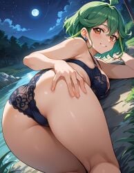 1girls ai_generated ass blush earrings female grabbing_ass green_hair looking_at_viewer lying orange_eyes panties rear_view rin_(yu-gi-oh!_arc-v) seductive_smile short_hair smile solo teenager underwear yu-gi-oh! yu-gi-oh!_arc-v