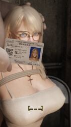 1boy 1girls 3d 3d_(artwork) black_choker blender blender_eevee blonde_hair blue_eyes bondage bound bound_ankles bound_wrists captured choker clear_tape collar cross_earrings cross_necklace english_text fat_man gag gagged glasses grace_(osimai) hand_on_head helpless huge_breasts id_card japanese_text kidnapped lip_piercing looking_at_viewer mouth_stuffed nose_piercing nose_ring original_character osimai out_of_focus pleated_skirt rope rope_bondage skirt tank_top tape tape_gag text ugly_bastard ugly_man