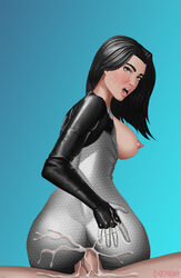 anal anal_sex ass bioware black_hair bodysuit breasts cum cum_in_ass cum_inside cum_on_ass doctorproxy female forced_in_fabric large_breasts long_hair male mass_effect mass_effect_2 miranda_lawson nipples open_mouth penis pov reverse_cowgirl_position sex sex_through_clothes tight_clothes