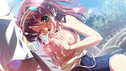 areolae blush breast_hold breast_press breasts breasts_out cum female game_cg green_eyes hair_ornament large_breasts long_hair male minakawa_sui minori natsuzora_no_perseus nipples open_mouth paizuri penis red_hair rock shouna_mitsuishi straight swimsuit takasaki_mako uncensored wet wince yuzuna_hiyo