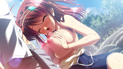 areolae blush breast_hold breast_press breasts breasts_out closed_eyes female game_cg hair_ornament large_breasts long_hair male minakawa_sui minori natsuzora_no_perseus nipples open_mouth paizuri penis red_hair rock shouna_mitsuishi straight swimsuit takasaki_mako uncensored wet yuzuna_hiyo