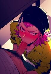 1boy ai_generated blowjob blush danganronpa danganronpa_2:_goodbye_despair gay kazuichi_souda male_only nervous pubic_hair sweat veiny_penis