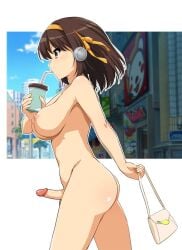 1futa brown_hair edit futanari handbag haruhisky nude ribbon_in_hair suzumiya_haruhi suzumiya_haruhi_no_yuuutsu