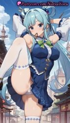 1girls ai_generated anime anime_style aqua_(konosuba) aqua_hair architecture armpit armpits arms_behind_head arms_up asian ass bangs bare_shoulders blue_eyes blue_hair blue_shirt blue_skirt blue_sky blue_vest blush bow bowtie breasts brooch building bust busty cameltoe cloud day detached_sleeves earrings female female_focus female_only green_bow green_bowtie hair_bobbles hair_ornament hair_rings hair_stick hair_tie_in_mouth hentai jewelry juicy_butt kono_subarashii_sekai_ni_shukufuku_wo! large_breasts leg_up long_hair long_sleeves looking_at_viewer medium_breasts miniskirt mouth_hold natsuyoru outdoors panties pantsu pantyshot pleated_skirt shirt single_hair_ring skindentation skirt sky sleeveless sleeveless_shirt solo solo_female split spread_legs standing standing_on_one_leg thighhighs thighs twintails underwear very_long_hair voluptuous voluptuous_female white_panties white_sleeves white_thighhighs