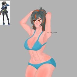 big_ass big_breasts bikini black_hair blue_bra blue_panties curvy_female curvy_figure fanart female fit_female jadedkat69 orange_eyes pale-skinned_female pale_skin policewoman swimwear zenless_zone_zero zhu_yuan