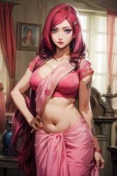 1girls ai_generated harem_outfit light-skinned_female light_skin looking_at_viewer mature_female metal264 red6161 red_hair saree sari