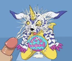 animal_skin anthro bandai_namco bodily_fluids claws closed_eyes cum cum_on_body cum_on_face cum_on_ground digimon digimon_(species) duo feral gabumon genital_fluids genitals hi_res horn human male male/male mammal open_mouth p.v.su penis pink_claws scalie yellow_body