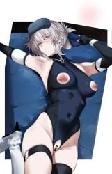 1girls absurdres armpits bar_censor big_breasts black_gloves blue_archive blue_eyes blue_leotard blush breasts censored cosplay covered_navel ei_(fnjx3455) elbow_gloves fate/grand_order fate_(series) female female_only fingerless_gloves gloves grey_hair hair_bun hand_up highleg highleg_leotard highres ishikawa_yui large_breasts leotard looking_at_viewer lying morgan_le_fay_(fate) nipple_cutout nipples on_back pussy pussy_cutout silver_hair stomach thigh_strap toki_(abi-eshuh)_(blue_archive) toki_(blue_archive) toki_(blue_archive)_(cosplay) voice_actor_connection