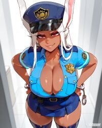 ai_generated dark-skinned_female difuxer huge_breasts mirko police_uniform red_eyes skirt thick_thighs white_hair