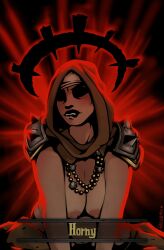 1girls areolae armor arms bead_necklace beads biting_lip black_lips blush breasts cel_shading darkest_dungeon female female_focus female_only habit hood horny horny_female large_breasts legs_out_of_frame looking_at_viewer no_visible_genitalia nun's_habit old_art pauldrons porchemou prayer_beads red_background red_highlights red_light relaxed religious religious_clothing solo solo_female stylized unseen_eyes upper_teeth_only vestal_(darkest_dungeon)