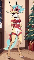 1girls 2024 ai_generated anthro bedroom_eyes bow christmas christmas_tree digitigrade female female_only helluva_boss hi_res holidays indoors innie_pussy looking_at_viewer mostly_nude night pussy queen_bee-lzebub_(helluva_boss) red_eyes ribbon ribboned_body smile snow snowing white_fur yellow_fur yellow_sclera