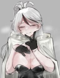 0ha 1girls big_breasts black_hair blush cape closed_eyes gloves library_of_ruina long_hair looking_at_viewer partially_clothed presenting project_moon rule_63 smile solo standing sweat white_hair yan_(library_of_ruina) yan_vismok