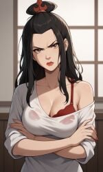 ai_generated ass avatar_legends avatar_the_last_airbender azula bigmic145 bra breasts cleavage clothed clothed_female long_hair loose_clothes nickelodeon off_shoulder oversized_clothes princess rolled_up_sleeves solo solo_female