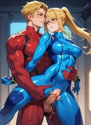 1boy1girl ai_generated blonde_hair bodysuit metroid muscular_arms muscular_male pixxx8711903 samus_aran