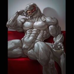 abs anthro claws lizard_humanoid muscular muscular_male no_eyes pecs pectorals reptile_humanoid sharp_teeth sitting spread_legs symbiote tongue tongue_out