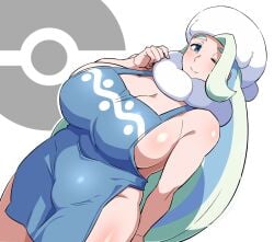 1girls ;) apron apron_only big_breasts blue_eyes blue_hair blush breasts bulge bulge_through_clothing chubby chubby_female female female_only fur_hat green_hair hair_over_one_eye hand_behind_back light-skinned_female light_skin mantan mature mature_female melony_(pokemon) naked_apron nintendo poke_ball_symbol pokemon pokemon_ss scarf simple_background standing thick_eyebrows thick_thighs two_tone_hair wink