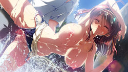 1boy areolae bandage blush breasts closed_eyes cum cum_in_pussy cum_on_body cum_on_breasts cum_on_hair cum_on_upper_body female game_cg human large_breasts long_hair male minakawa_sui minori natsuzora_no_perseus navel nipples penis pussy red_hair school_swimsuit sex straight swimsuit takasaki_mako uncensored vaginal_penetration water wet