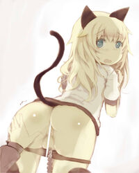 alternate_costume anal_beads animal_ears ass ass_grab blonde_hair blue_eyes blush buruma buruma_pull cat_ears cat_tail censored clothing female fur gym_uniform helma_lennartz highres izuoku long_hair looking_back open_mouth pussy solo strike_witches tail tears wavy_mouth