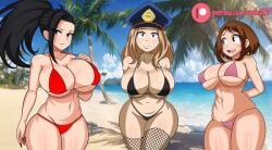 3girls beach bikini camie_utsushimi female momo_yaoyorozu my_hero_academia ochako_uraraka raydonxd