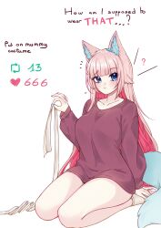 1girls ? animal_ears blue_eyes blue_nails blush breasts confused english_text female female_only fox_ears fox_girl fox_tail huge_breasts indie_virtual_youtuber light-skinned_female light_skin like_and_retweet like_icon pink_hair retweet_icon shee_kiyomi sheekiart solo tail text virtual_youtuber