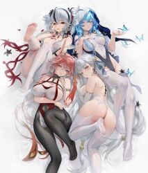 4girls absurdres ahoge alternate_costume arm_under_breasts ass asymmetrical_clothes bare_shoulders black_eyes black_flower black_pantyhose black_ribbon blake_bloom_(wuthering_waves) blue_butterfly blue_eyes blue_hair blue_nails blue_veil blush bow braid breasts bug butterfly camellya_(wuthering_waves) changli_(wuthering_waves) collar colored_extremities commentary_request covered_navel earrings elbow_gloves feather_hair feet flower flower_on_chest foot_up garter_belt gloves gold_earrings groin hair_between_eyes hair_extensions hair_flower hair_intakes hair_ornament hair_ribbon hair_vines haku89 hand_grab hand_on_own_chest hand_on_own_face highres huge_breasts jewelry jinhsi_(wuthering_waves) large_breasts leotard long_hair looking_at_viewer lying md5_mismatch medium_breasts multicolored_hair multiple_girls nail_polish no_shoes on_back paid_reward_available pants pantyhose parted_lips pink_hair red_hands red_ribbon resolution_mismatch ribbon ring_hair_extensions simple_background single_pantsleg smile soles source_smaller tacet_mark_(wuthering_waves) the_shorekeeper_(wuthering_waves) thighhighs thighs toes twin_braids two-tone_hair two-tone_veil two_side_up veil very_long_hair white_background white_bow white_collar white_eyelashes white_eyes white_garter_belt white_gloves white_hair white_pants white_thighhighs white_veil wuthering_waves yellow_eyes