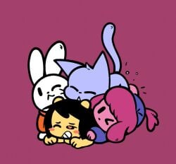 3boys bear_ears black_hair blue_fur blue_hoodie bunny_boy bunny_ears cat_boy cat_ears cat_tail catboy dog_boy dog_ears dog_tail female foursome heart-shaped_pupils implied_anal implied_penetration implied_sex orange_hoodie pink_fur triple_anal triple_penetration white_fur yellow_body yopy yuh_(yopy)