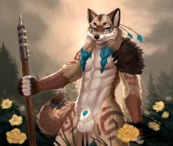 animal_genitalia anthro athletic athletic_anthro balls brown_body brown_fur canid canine canis casual_nudity claws digital_drawing_(artwork) digital_media_(artwork) elvor_(murnakia) fangs flower fluffy fluffy_tail fur genitals hi_res male mammal melee_weapon nature nipples nude outdoor_nudity outside penis penis_tip plant polearm portrait sheath signature sky smile solarflare02 solo spear tail teeth three-quarter_portrait tree weapon whiskers wind wolf